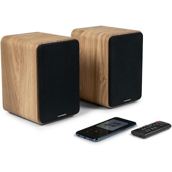THOMSON WS602DUO - 2 kaiuttimen setti puulaatikolla - 100 W - Bluetooth 5.0 - 2 RCA-lähtöä - Vaaleaa puuta Brunt och svart