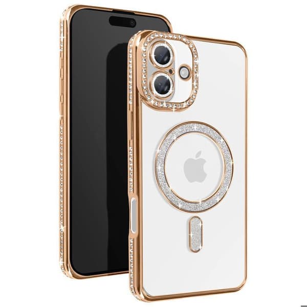 Coque - ADVARSEL - iPhone 16 Plus - MagSafe Beskyttelse - Gyldne Rhinsten - Elegant Gul