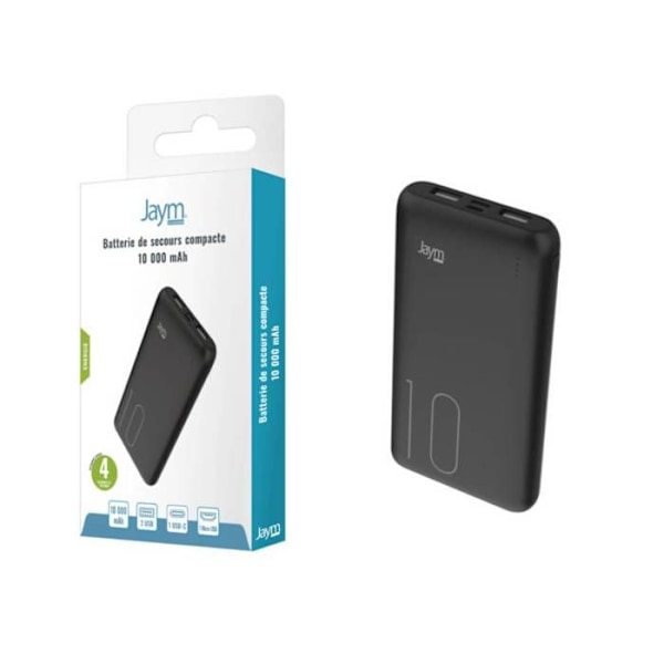 10 000 mAh:n varavirtalähde 2 USB-A / USB-C / Micro USB Kompakti Jaym Musta Svart