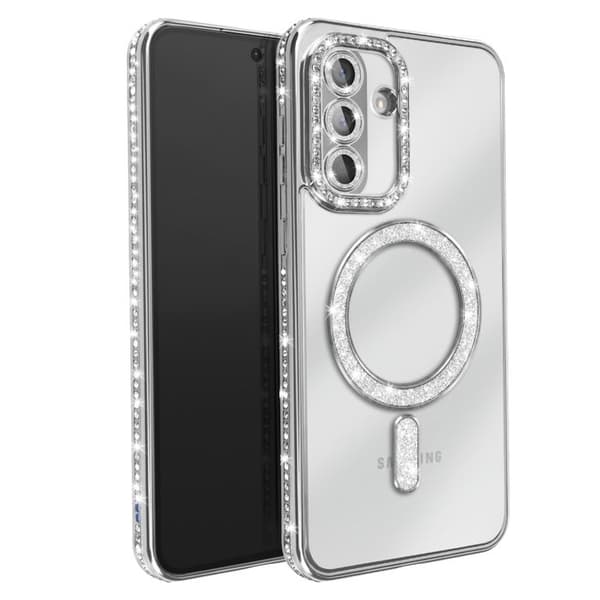 Skydd för Galaxy A56 / A36 Kompatibel med MagSafe med Silver Strass Kant Grå