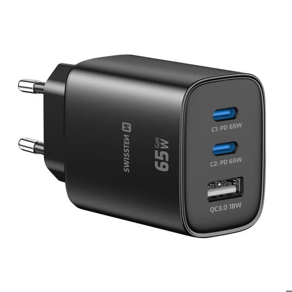 Lader 2 USB-C 65W Power Delivery og USB-A Quick Charge 3.0 18W Swissten Sort Svart