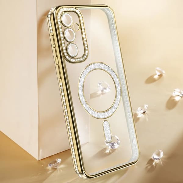 Diamantetui til Galaxy S26 med magnetisk ring og gyldent strasskant Gul