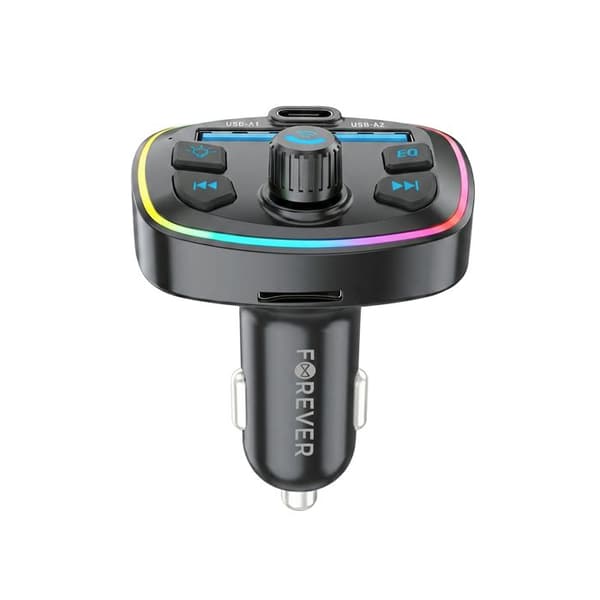 USB-C biloplader / 2 USB-A 20W med FM Bluetooth transmitter og Micro-SD Forever Sort Svart