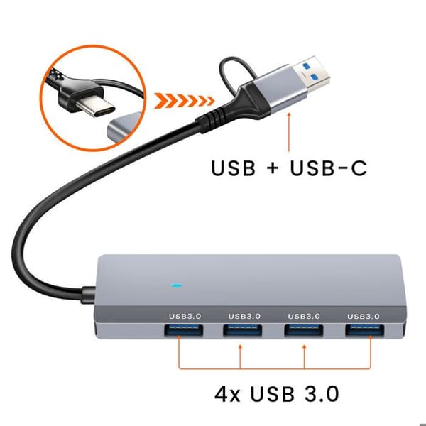 USB-C 4-i-1-hubb med 4 USB 3.0-portar för snabb datatransfer LinQ Grå