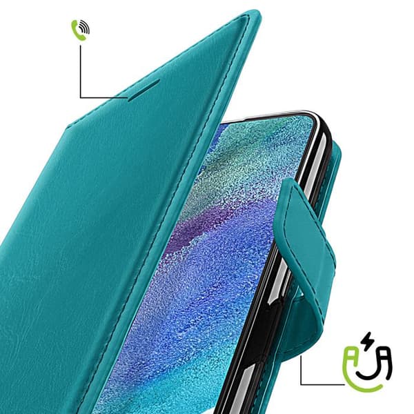 Plånboksfodral för Samsung Galaxy S21 FE med Mayaxess Turquoise handledsrem Blå