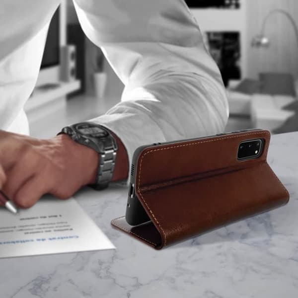 Étui Folio - AVIZAR - Galaxy S20 - Äkta läder - Videostöd - Kortfack brun