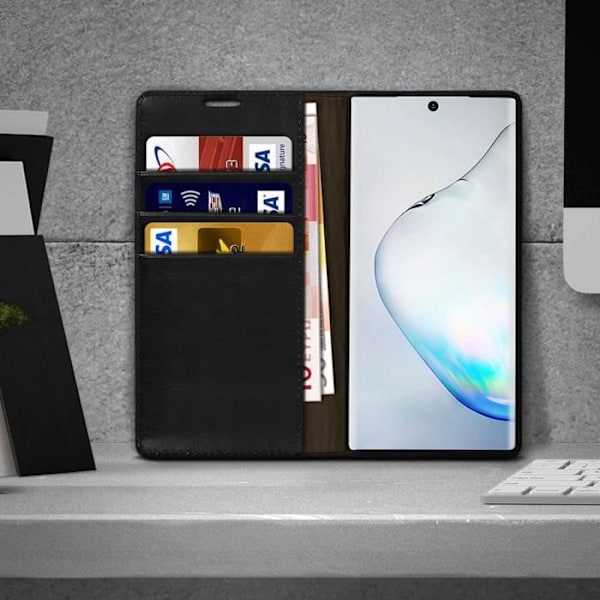 Galaxy Note 10 Plus-fodral - AVIZAR - Äkta läder - Kortficka - Videostativ - Svart Svart