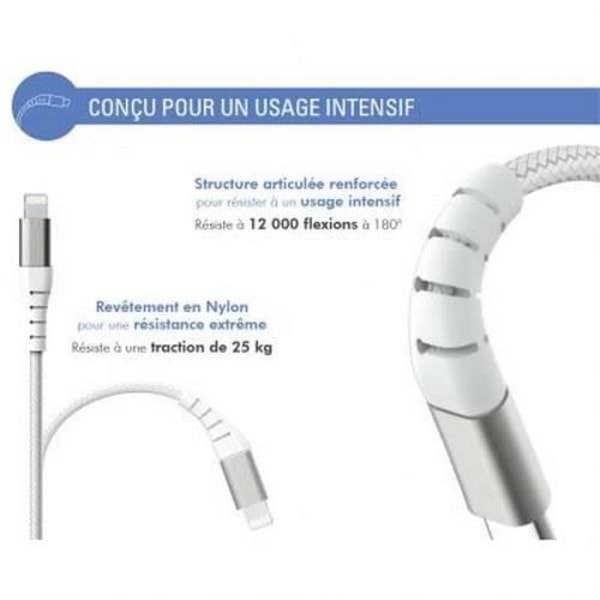 Lataus- ja synkronointikaapeli - Force Power - USB C/Lightning - 3m - 3A - Valkoinen Vit