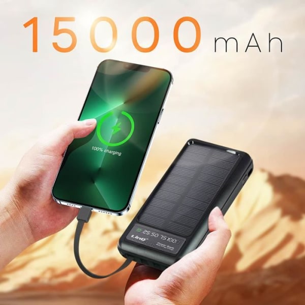 15000mAh Solar Power Bank med Micro USB Lightning USB C-kabel LinQ Sort Svart