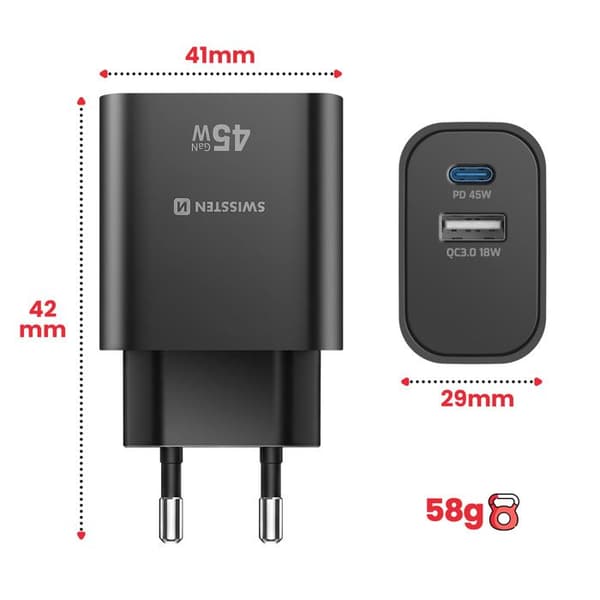 USB-C oplader 45W Power Delivery og USB-A Quick Charge 3.0 18W Swissten Sort Svart
