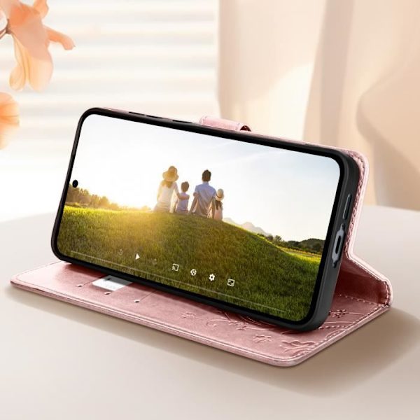 Suojakuori Samsung Galaxy A55 Wallet Flower Butterflylle ja rannehihnan puuteri vaaleanpunainen