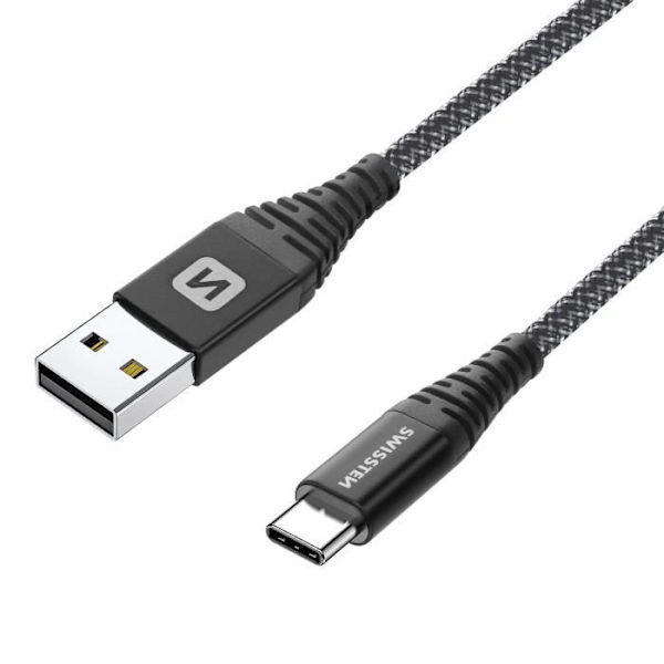 USB C -kaapeli - SWISSTEN - 1,5 m - 60 W Pikalataus - Aramidikuitu - Sotkeutumaton Svart