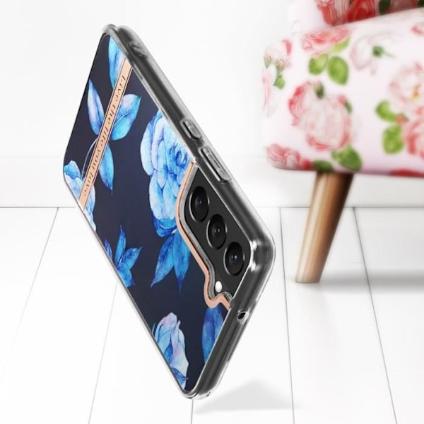 Samsung Galaxy S22 etui - AVIZAR - Blue Flowers Design - Stiv ryg og blød kontur