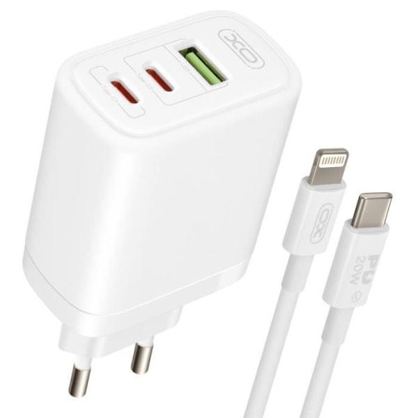 65W iPhone USB och USB-C nätladdare med XO Lightning-kabel Vit Vit