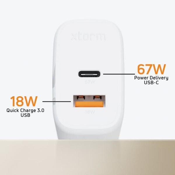 Verkkolaturi - XTORM - GaN² 67W USB C + USB - Kompakti muoto - Valkoinen Vit