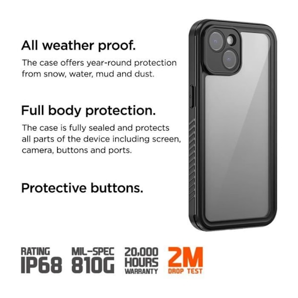 Cover til iPhone 15 - EIGER - 360° Fuld beskyttelse Vandtæt IP68 forstærket - Sort Transparent