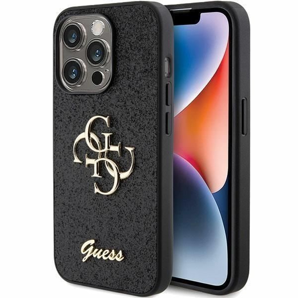 Hårdat skal - GUESS - Glitter Script Big 4G - Svart - iPhone 15 Pro Max - Glänsande Svart