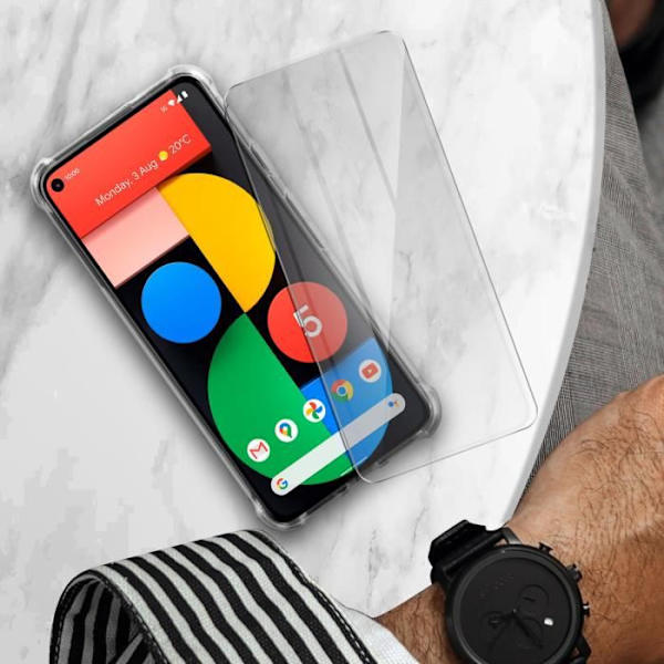 Etui og beskyttelsesfilm - AVIZAR - Google Pixel 5 - Blød silikone - Hærdet glas - 360° beskyttelse Vit