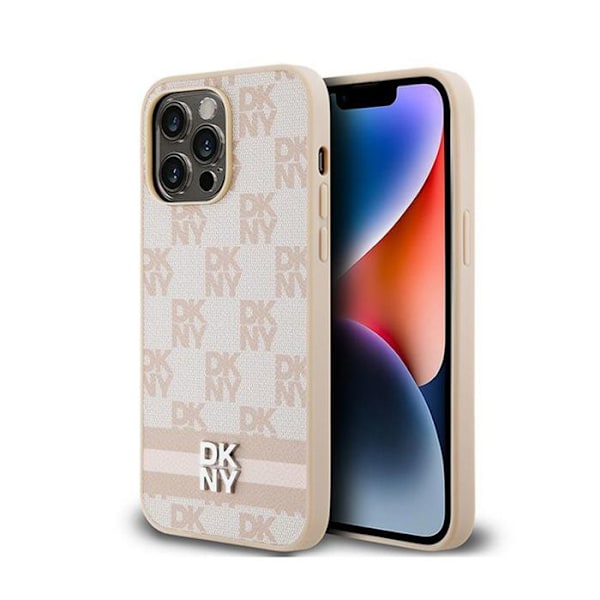 DKNY monomönster plöjt läder och tryckta ränder - fodral för iPhone 14 Pro Max (rosa)