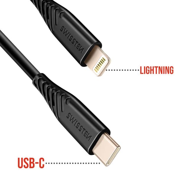 USB-C - Lightning - SWISSTEN - 30W - Musta silikoni - Solmuvapaa - 480Mbps Svart