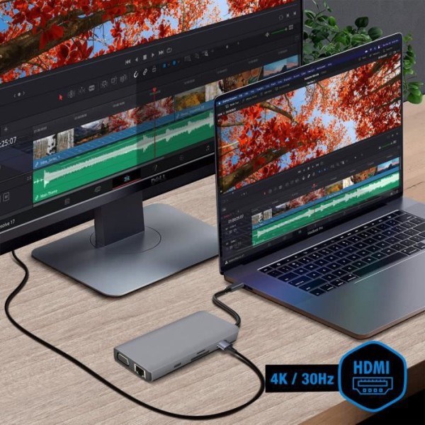 USB-C Hub - Akashi - 9 i 1 - 3x USB - 1x HDMI - 1x VGA - 1x Ethernet - Grå