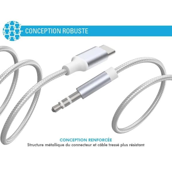 USB-C Audio Kaapeli - FORCE POWER - 1,2m - Vahvistettu Nailon Kudottu - Selkeä Ääni - Jack 3.5mm