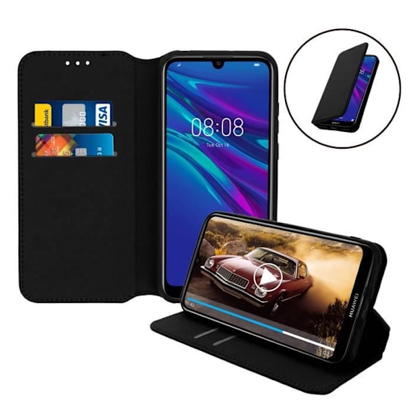 Housse - AVIZAR - Honor 8A / Huawei Y6 2019 - Folio Portefeuille Etui - Øko-læder - Sort Svart