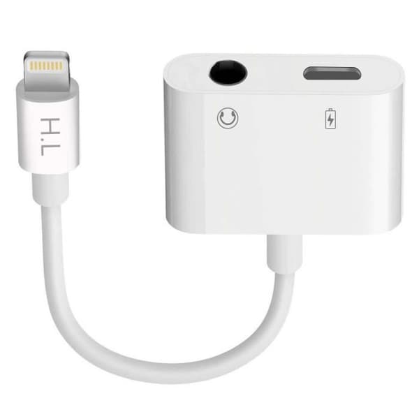 Lyd- og opladeradapter - Hvid - Lightning til 3,5 mm jack - 12 cm - Samtidig opladning og lyd