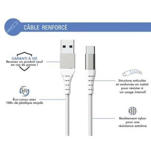 USB A/USB C laddningskabel - FORCE POWER - 3m - 3A - Vit - Flätad nylonbeläggning Vit