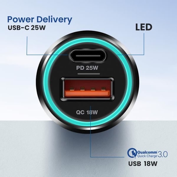 25 W USB ja USB C Power Delivery autolaturi + 60 W Blue Star USB C -kaapeli musta Svart