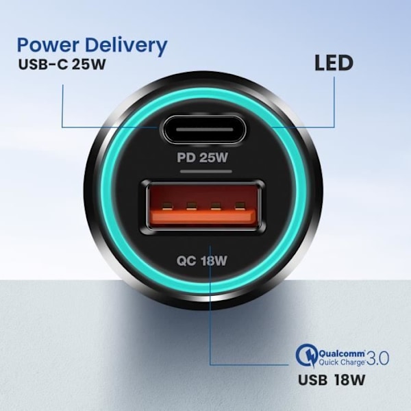 25W USB och USB C Power Delivery Billaddare + 60W Blue Star USB C-kabel Svart Svart