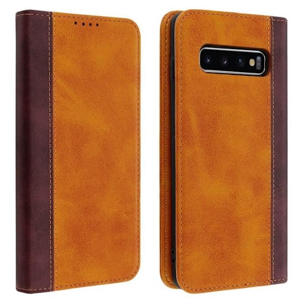 Housse Galaxy S10 Plus - AVIZAR - Etui Folio - Øko-læder - Kortopbevaring - Støttefunktion Camel Brown