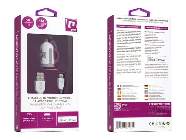 Pack Biladapter 1A med Lightning MFi-kabel 1m Vit Vit