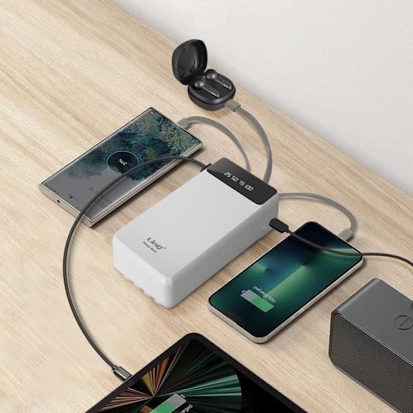 25800 mAh:n vara-akku irrotettava 4 in 1 -kaapeli ja LinQ Compact USB -lähtö valkoinen Vit