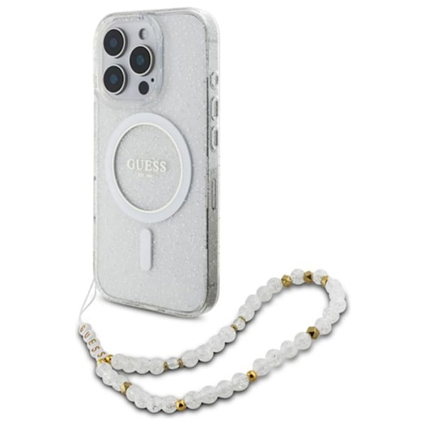 iPhone 16 Pro etui - Guess IML Glitter med MagSafe Beaded Strap (GUHMP16LHGCGCRELST) - Gennemsigtig