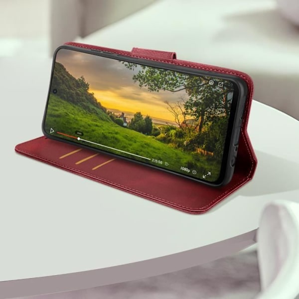 Fodral till Motorola Moto G34 - AVIZAR - Flip Wallet Support Handledsrem - Röd - Syntet - Flik Röd