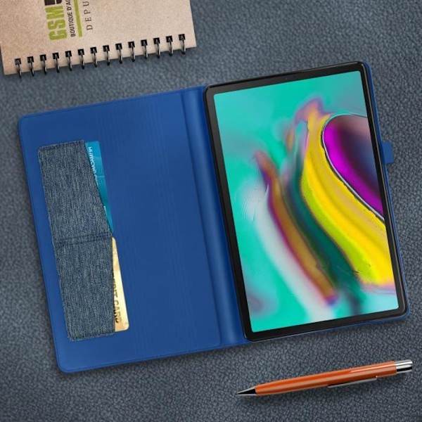Tabletfodral - AVIZAR - Galaxy Tab S5e - Ekoleder - Inbyggd stöd - Kortfack Blå