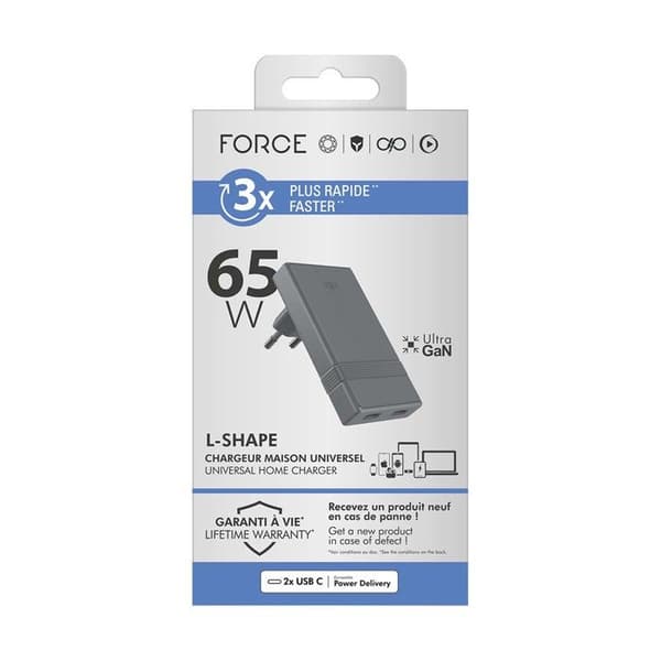 Strømforsyning - FORCE POWER - L Shape Serie - 65W PD - 2x USB-C - GaN - Grå Grå