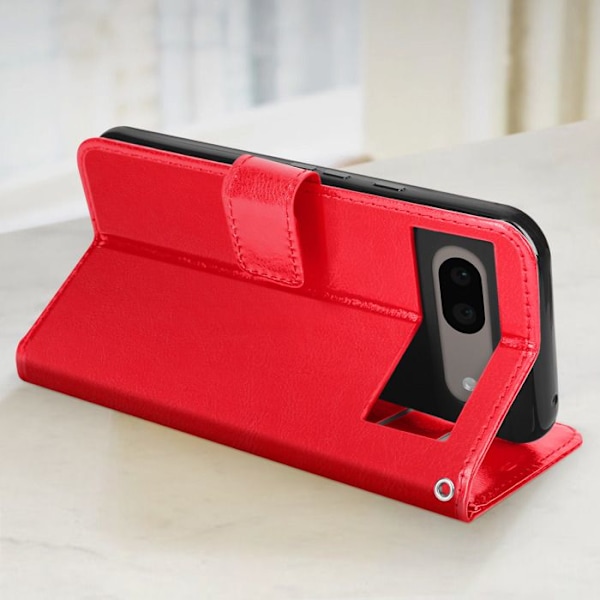 Red Wallet Case til Google Pixel 8A med stativfunktion og håndledsrem - Mayaxess Röd