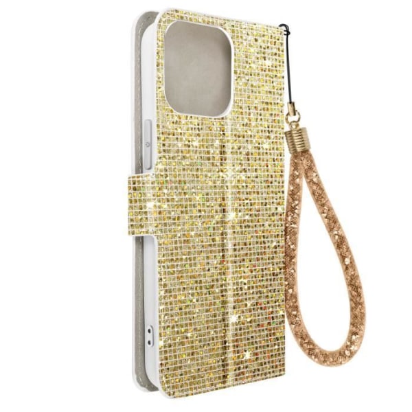 iPhone 15 Pro Cover Glitter Disco Wallet Stand Video Gold Gul