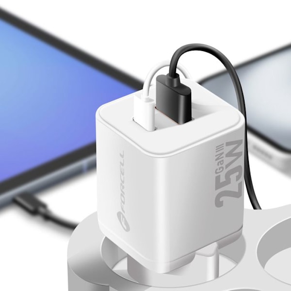 Laddare Sektor GaN III 25W med USB-C + USB Mini Format Forcell Vit Vit