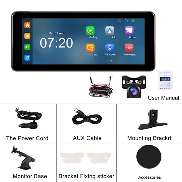 Ecran Carplay 6,86" för bil med pekskärm Bluetooth inklusive backkamera svart