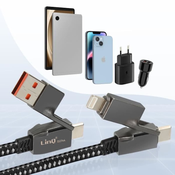 Multikontakts kabel - LinQ - 100W - USB-C och Lightning - Flätad design - Anti-knoppar Svart