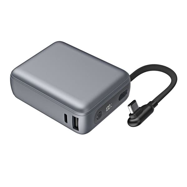 Power Bank - FORCE POWER - 10000mAh - 30W PD/QC - USB-A & USB-C - Integroitu kaapeli Grå