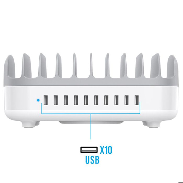 120W Latausasema 10 USB-porttia Hiljainen Tuuletin EU-johto Valkoinen