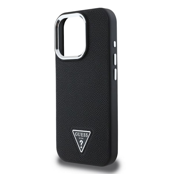 iPhone 16 Pro Max Antishock kuori, joissa on teksturoidun vaikutuksen ja Guessin musta kolmion logo Svart