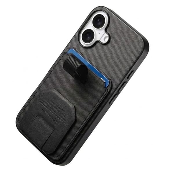 iPhone 17 Cover med Stofeffekt, Støtte og Kortholder i Sort Svart