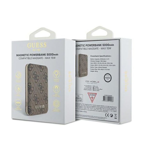 Power Bank induktiivinen 5000 mAh 15W MagSafe (ruskea) Guess 4G Nahka Metalli Logo MagSafe