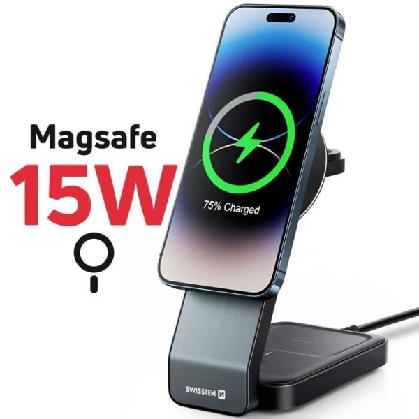 23W MagSafe Ladestation til iPhone, AirPods og Apple Watch Swissten Black Svart