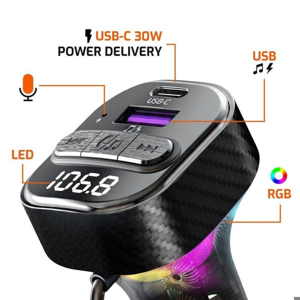 FM Bluetooth Cigaretlighter Transmitter med Spiral USB-C Kabel PD 30W LinQ Sort Svart